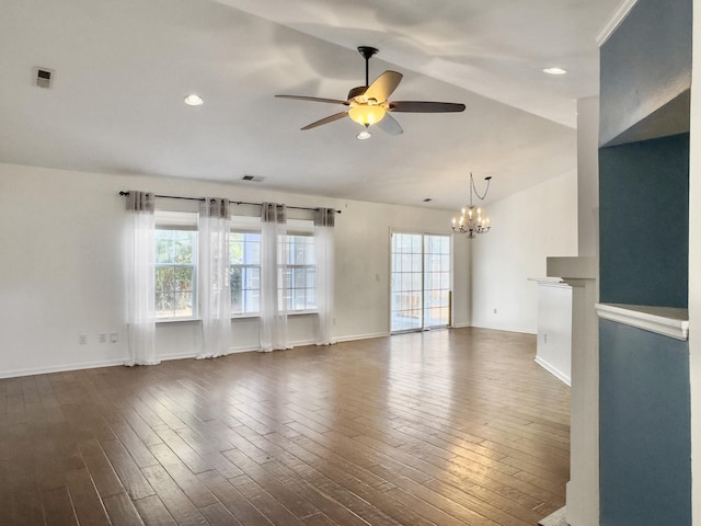 unfurnished living room featuring dark hardwood / wood-style flooring, ceiling fan with notable chandelier, and vaulted ceiling