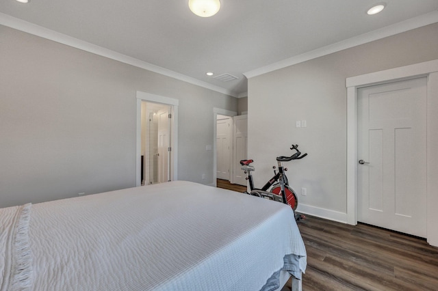 bedroom featuring baseboards, dark wood-style flooring, recessed lighting, and crown molding