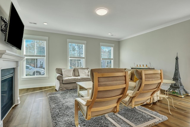 interior space featuring ornamental molding, a glass covered fireplace, a healthy amount of sunlight, and visible vents