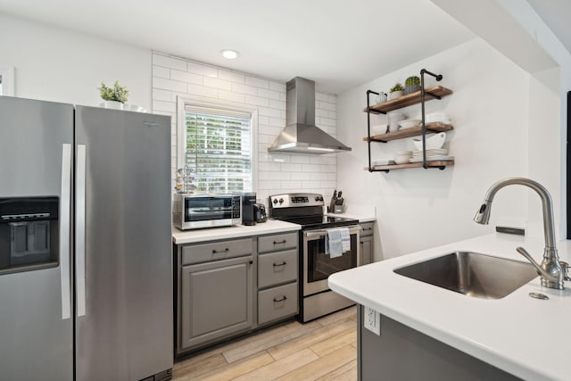 kitchen with gray cabinets, stainless steel appliances, light hardwood / wood-style floors, and wall chimney range hood