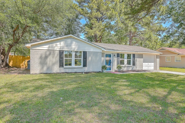 single story home with a garage and a front lawn