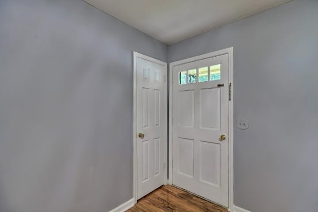 doorway with dark wood-type flooring