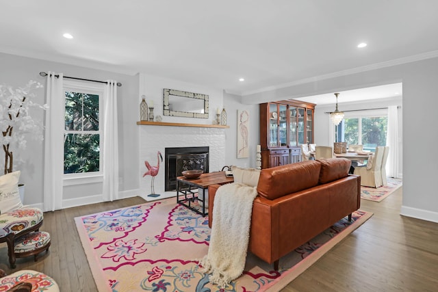 living area featuring baseboards, a glass covered fireplace, ornamental molding, dark wood-style flooring, and recessed lighting