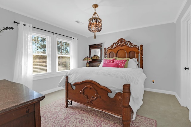 bedroom with baseboards, visible vents, a chandelier, and light colored carpet