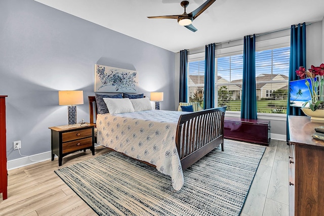 bedroom with ceiling fan and light wood-type flooring