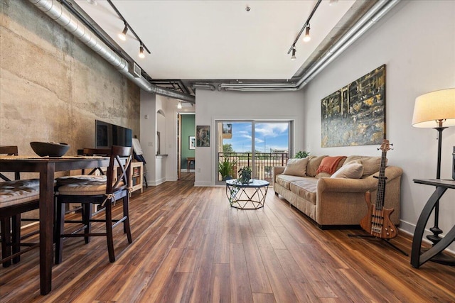 living room featuring hardwood / wood-style flooring and track lighting