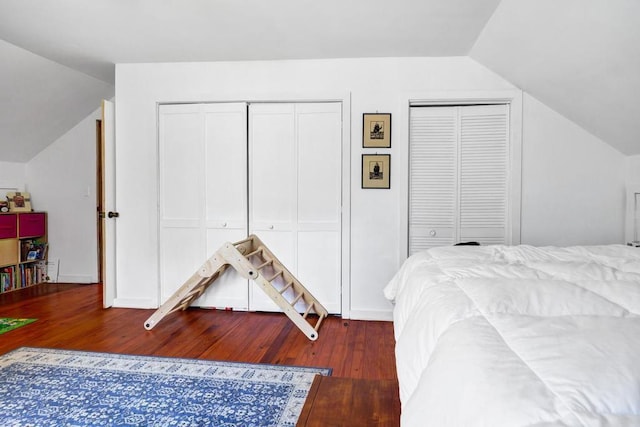 bedroom featuring vaulted ceiling, wood finished floors, and two closets