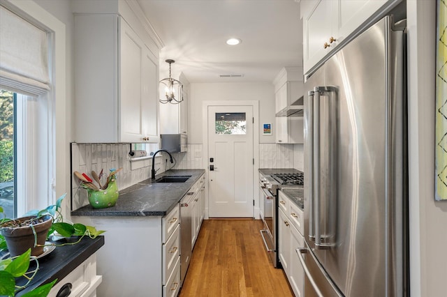 kitchen featuring wood finished floors, a sink, white cabinetry, high quality appliances, and backsplash