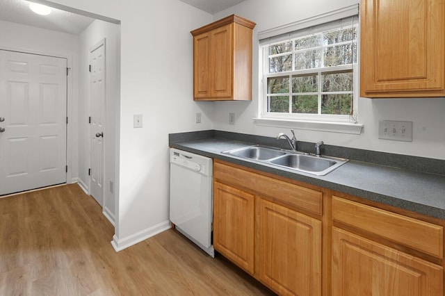 kitchen with sink, white dishwasher, and light hardwood / wood-style floors