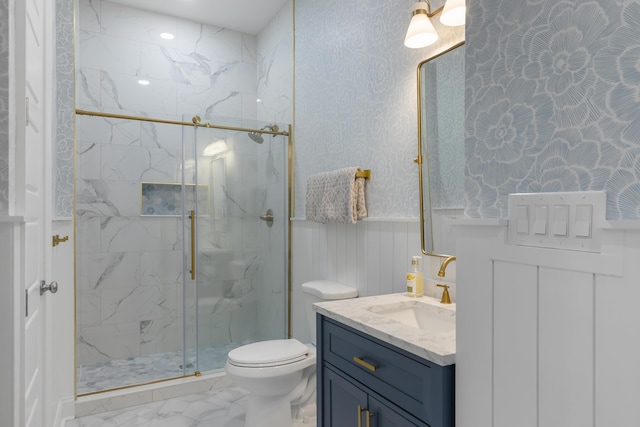 1130 Plantation Overlook Dr, Moncks Corner, SC 29461 - bathroom featuring marble finish flooring, a marble finish shower, vanity, and a wainscoted wall