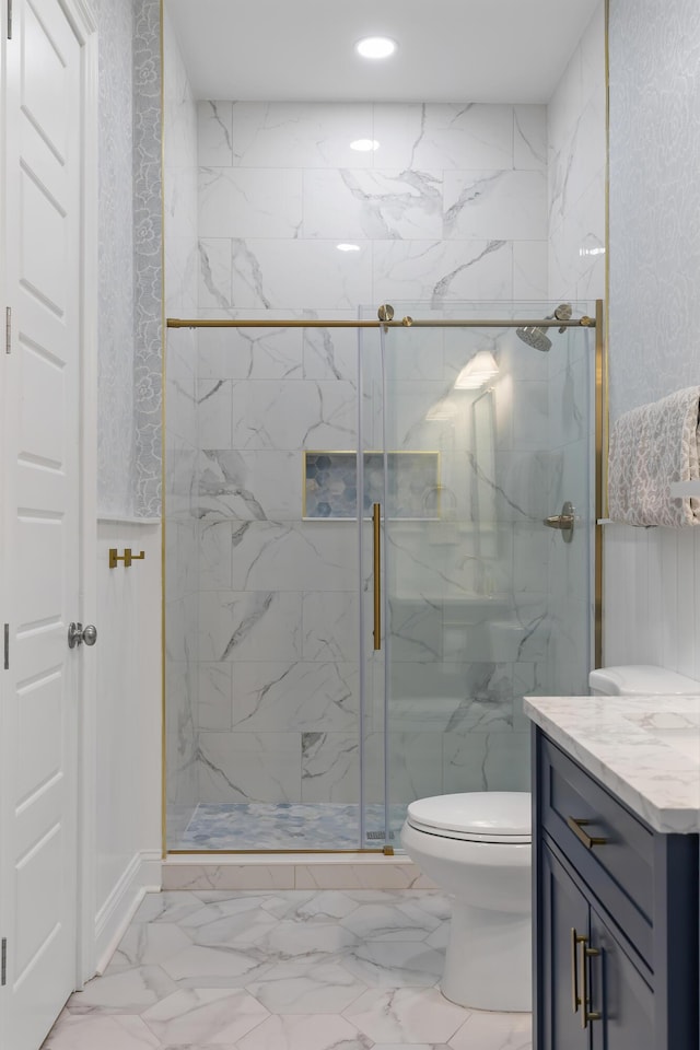 1130 Plantation Overlook Dr, Moncks Corner, SC 29461 - bathroom featuring marble finish flooring, a marble finish shower, vanity, and recessed lighting