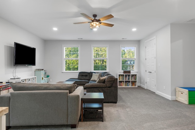 1130 Plantation Overlook Dr, Moncks Corner, SC 29461 - carpeted living area featuring a ceiling fan and recessed lighting