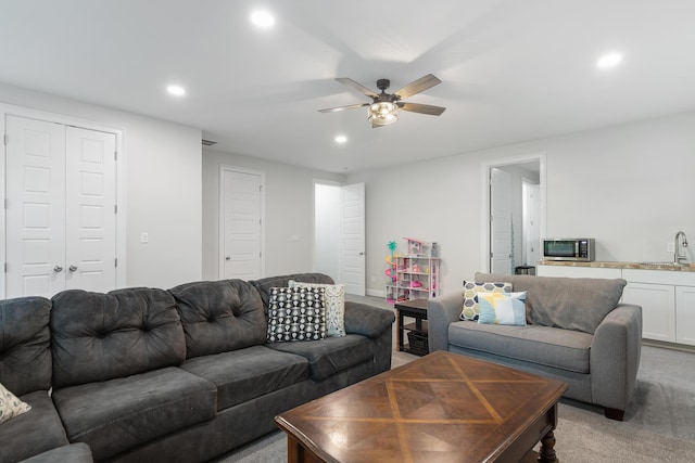 1130 Plantation Overlook Dr, Moncks Corner, SC 29461 - living room featuring recessed lighting, light carpet, and ceiling fan