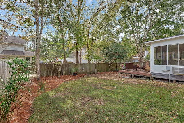 view of yard with a deck, a fenced backyard, and a sunroom