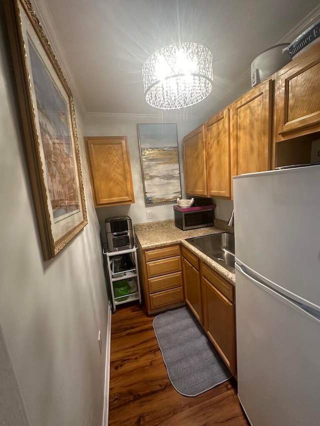 kitchen featuring sink, crown molding, dark hardwood / wood-style floors, and white refrigerator