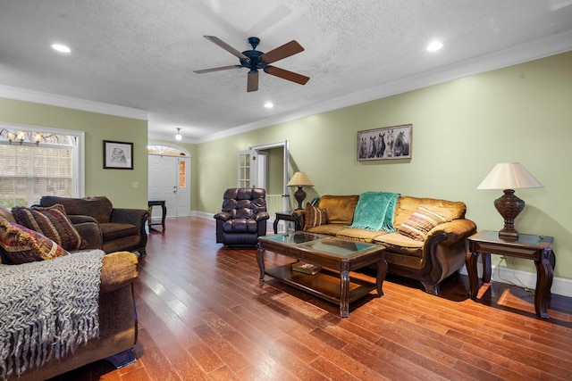 living room with crown molding, ceiling fan, wood-type flooring, and a textured ceiling