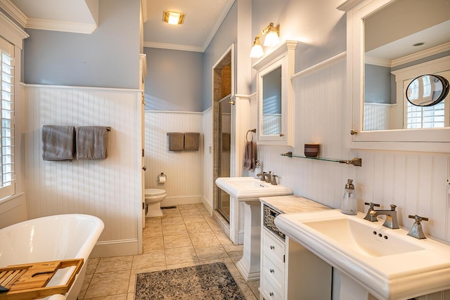 bathroom with double sink, toilet, crown molding, tile patterned floors, and shower with separate bathtub