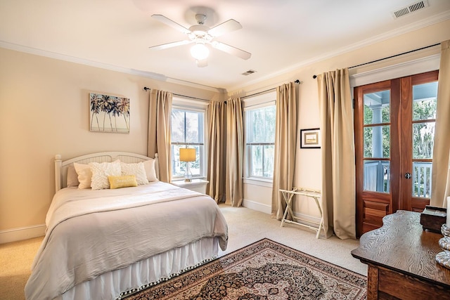 bedroom with french doors, light colored carpet, crown molding, ceiling fan, and access to exterior