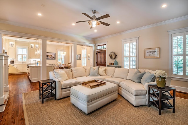 living room featuring hardwood / wood-style floors, ornamental molding, ceiling fan, and plenty of natural light