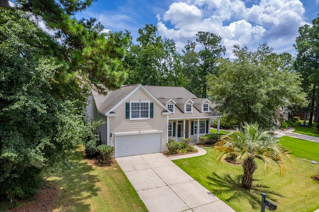 view of front of property featuring a front lawn, covered porch, and a garage