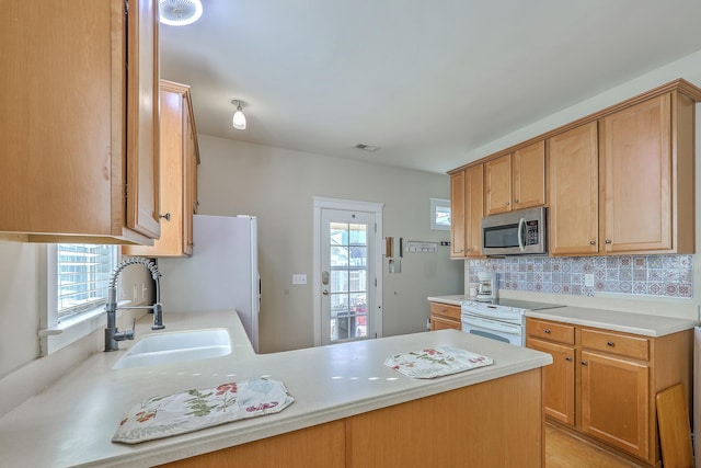 kitchen with stainless steel microwave, electric stove, a wealth of natural light, and a sink