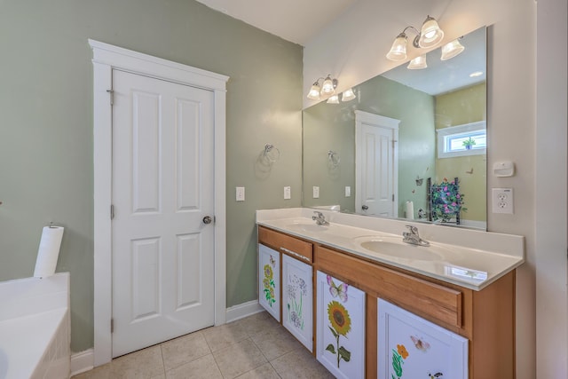 full bath featuring tile patterned floors, double vanity, a washtub, and a sink