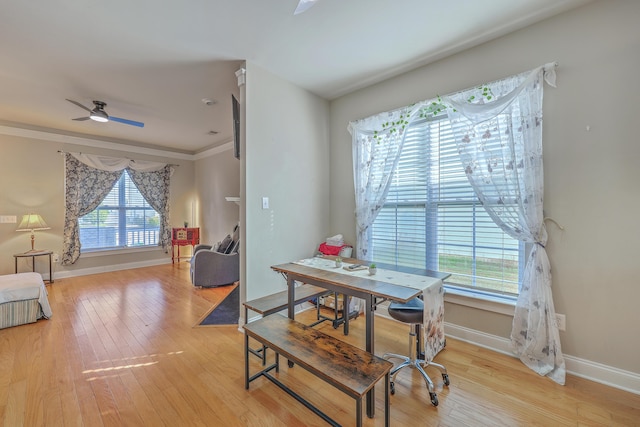 dining room with ceiling fan, baseboards, crown molding, and light wood-style floors