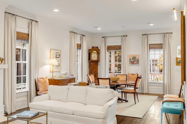 living room featuring hardwood / wood-style floors and crown molding