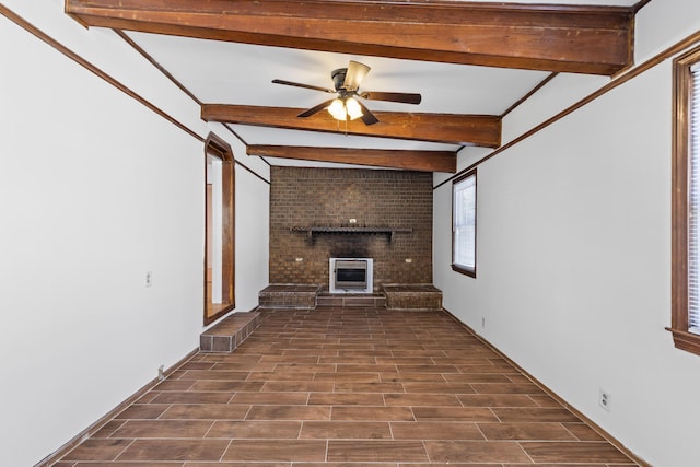 1593 Westwood Dr, Charleston, SC 29412 - unfurnished living room featuring beamed ceiling, a ceiling fan, a fireplace, and dark wood-type flooring