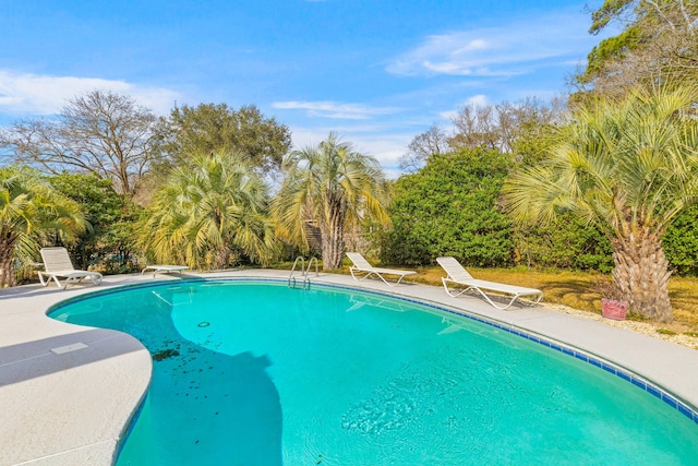 pool with a diving board and a patio