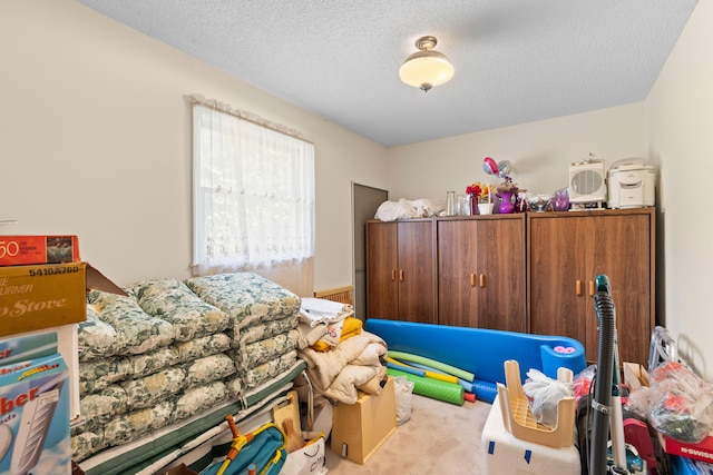 carpeted bedroom with a textured ceiling