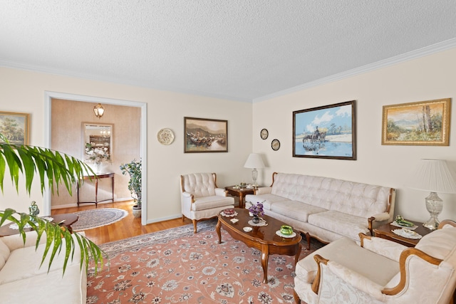 living room featuring crown molding, a textured ceiling, and wood finished floors