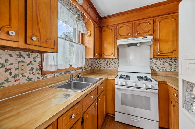 kitchen featuring under cabinet range hood, white gas range oven, brown cabinets, and a sink