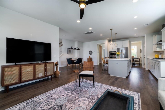 2017 Geranium Ln, Johns Island, SC 29455 - living area featuring a ceiling fan, dark wood-style floors, and recessed lighting