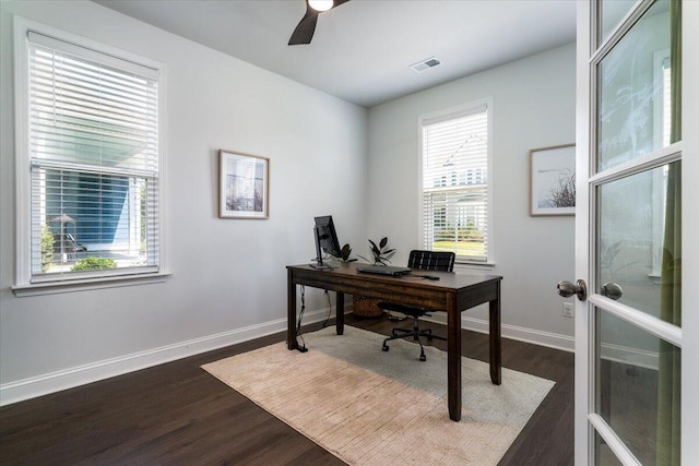 2017 Geranium Ln, Johns Island, SC 29455 - office area featuring dark wood finished floors and ceiling fan