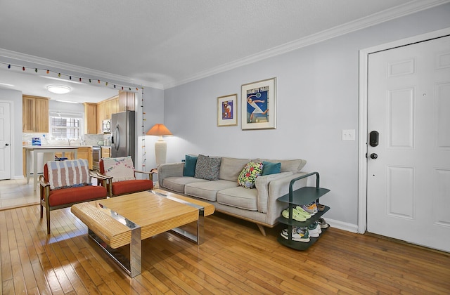 living room with ornamental molding, baseboards, and light wood finished floors