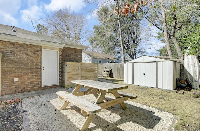 view of patio / terrace featuring an outbuilding, fence, outdoor dining space, and a shed