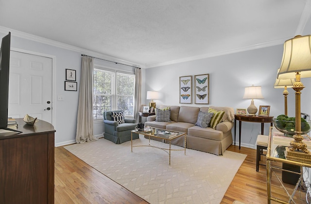 living area with baseboards, light wood-type flooring, and crown molding