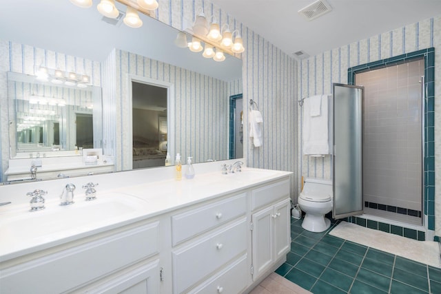 full bathroom with toilet, a sink, visible vents, tile patterned floors, and wallpapered walls