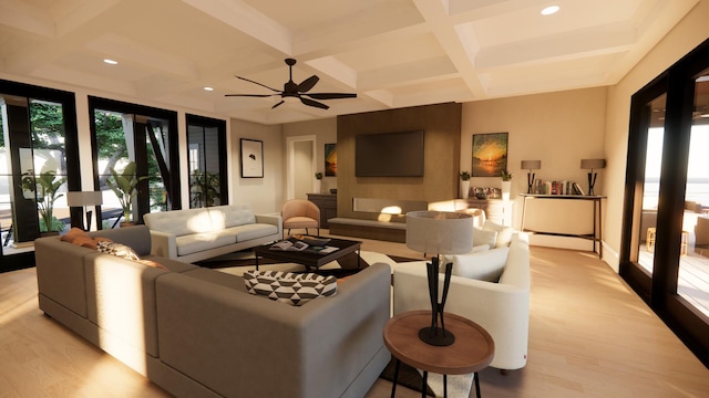 11 Tabby Ln, Isle Of Palms, SC 29451 - living area with beamed ceiling, light wood-type flooring, recessed lighting, a ceiling fan, and coffered ceiling
