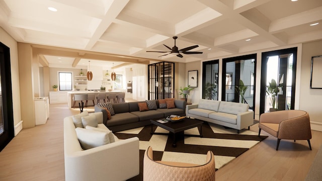 11 Tabby Ln, Isle Of Palms, SC 29451 - living area with light wood-style floors, coffered ceiling, and beam ceiling