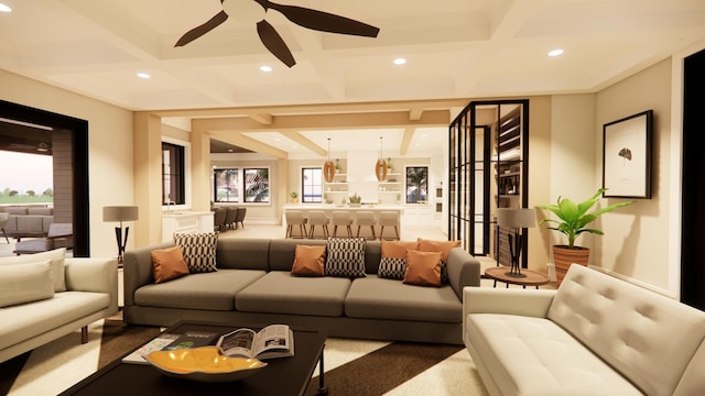 11 Tabby Ln, Isle Of Palms, SC 29451 - living room featuring ceiling fan, coffered ceiling, recessed lighting, and beam ceiling