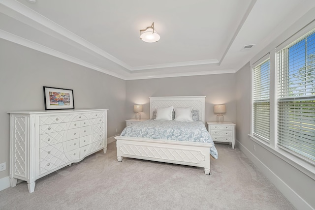 2282 Braided Ln, Mount Pleasant, SC 29466 - bedroom featuring ornamental molding, visible vents, light carpet, a raised ceiling, and baseboards