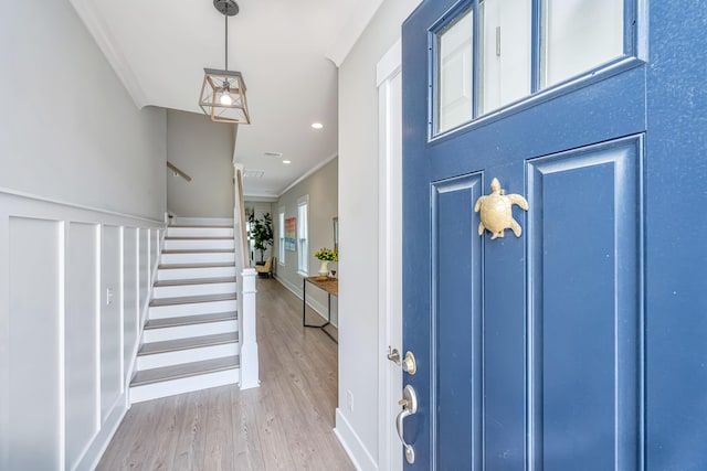 2282 Braided Ln, Mount Pleasant, SC 29466 - foyer with baseboards, ornamental molding, recessed lighting, wood finished floors, and stairs