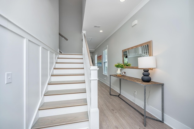 2282 Braided Ln, Mount Pleasant, SC 29466 - stairs featuring visible vents, baseboards, crown molding, recessed lighting, and wood finished floors