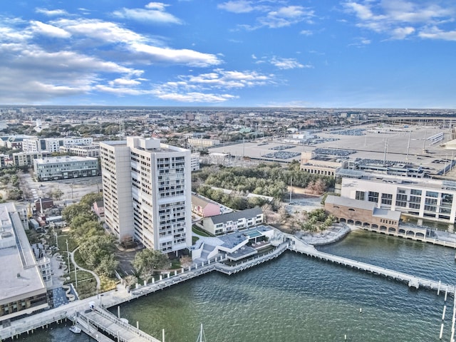 aerial view featuring a water view and a city view