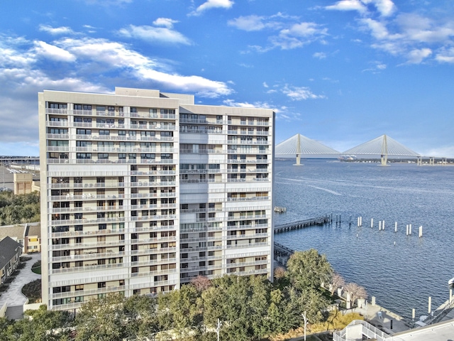 view of building exterior featuring a water view