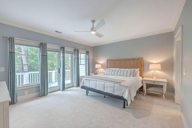 bedroom with access to outside, ornamental molding, ceiling fan, and light colored carpet