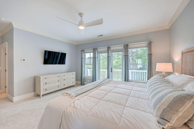 carpeted bedroom with ornamental molding, ceiling fan, and access to outside