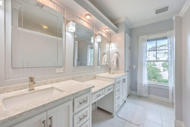 bathroom with dual bowl vanity, tile floors, and crown molding